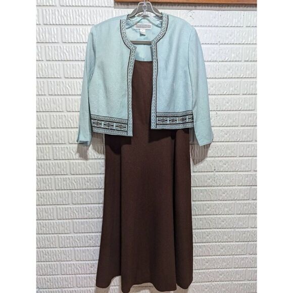 Jessica Howard Women's Brown & Aqua Linen Blend Maxi Dress & Blazer 2PC Set Size - Picture 1 of 7